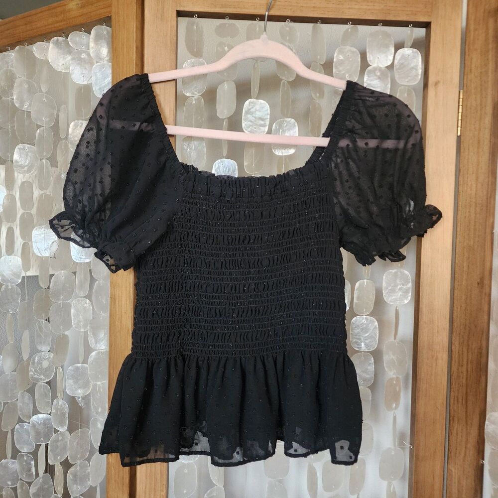 Y2k Sheer Smocked Top Womens Large Black Puff Sleeve Babydoll Goth Whimsy Fairy